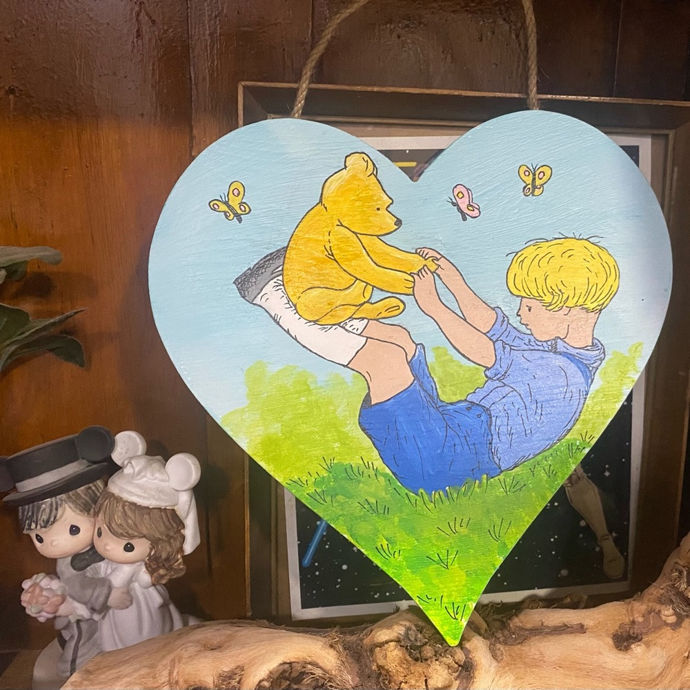Winnie The Pooh and Christopher Robin Playing Hand Painted Acrylic on Wood
